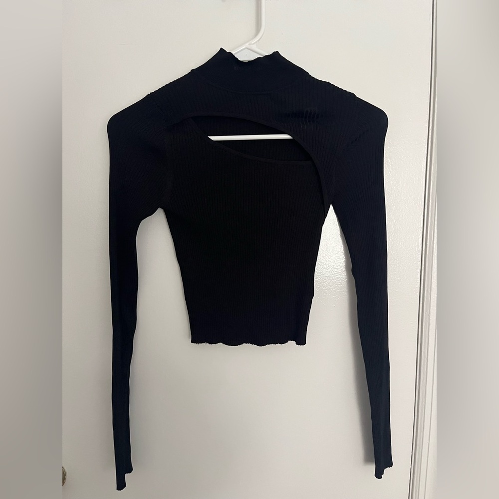 Black Long Sleeve Cutout Top